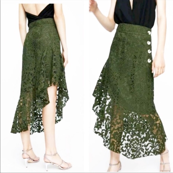 Zara Dresses & Skirts - Zara lace green asymmetrical side buttons skirt